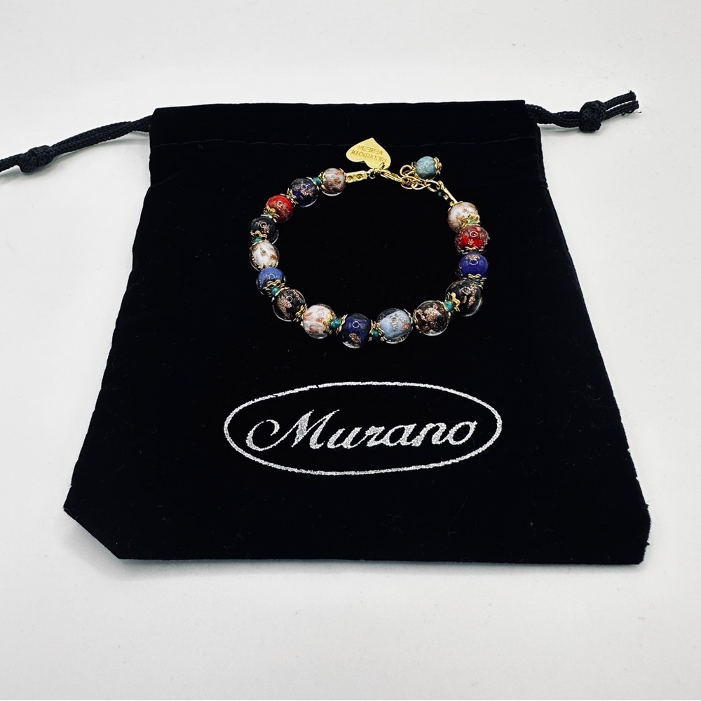 Murano Glass Handknotted Bracelet, Multicolor and Gold metal